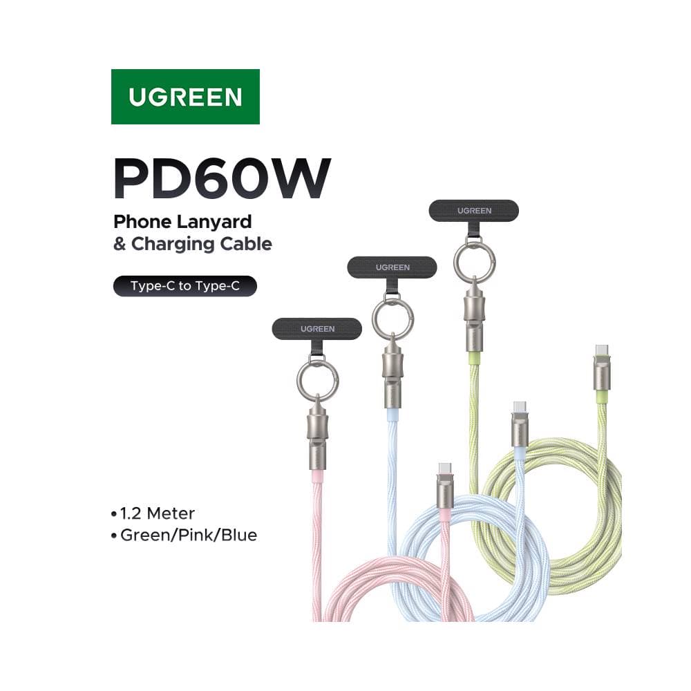 USB კაბელი UGREEN L508 (35500), 60W, Type-C To Type-C PD Fast Charging Lanyard Cable, 1.2m, Green