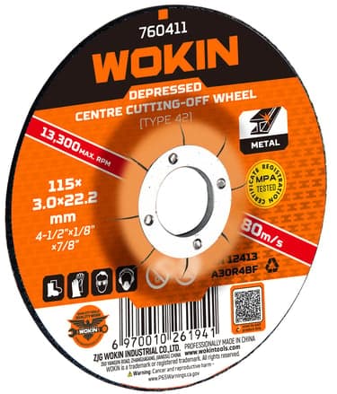 მეტალის საჭრელი დისკი Wokin 760411, 115X3.0X22.2mm, Depressed Centre Cutting-Off Wheel (METAL), Orange