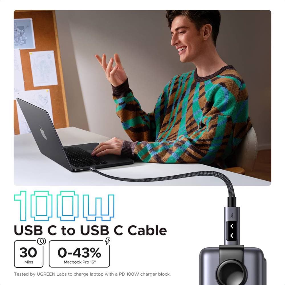 USB კაბელი UGREEN Uno L509 (35501), 100W, Type-C to Type-C, 1M, Black/Grey 