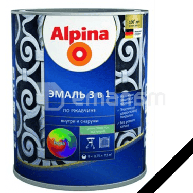 გრუნტი-ემალი ჟანგ. 3-1-ში, ფერი:Alpina შავი RAL 9005 0,75L