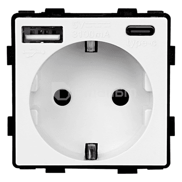 როზეტი ჩარჩოს გარეშე Socket Style 16A დამიწებით და შტორებით USB A C 3.1A 20W თეთრი