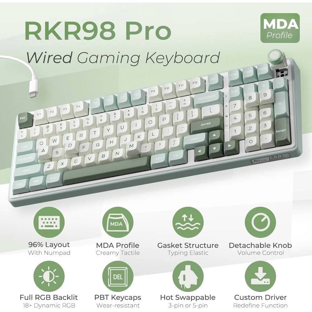 კლავიატურა Royal Kludge RKR98PRO-SK-XW RGB Mechanical Keyboard, Beige Switch, Hot Swappable, Wired, Sky Cyan