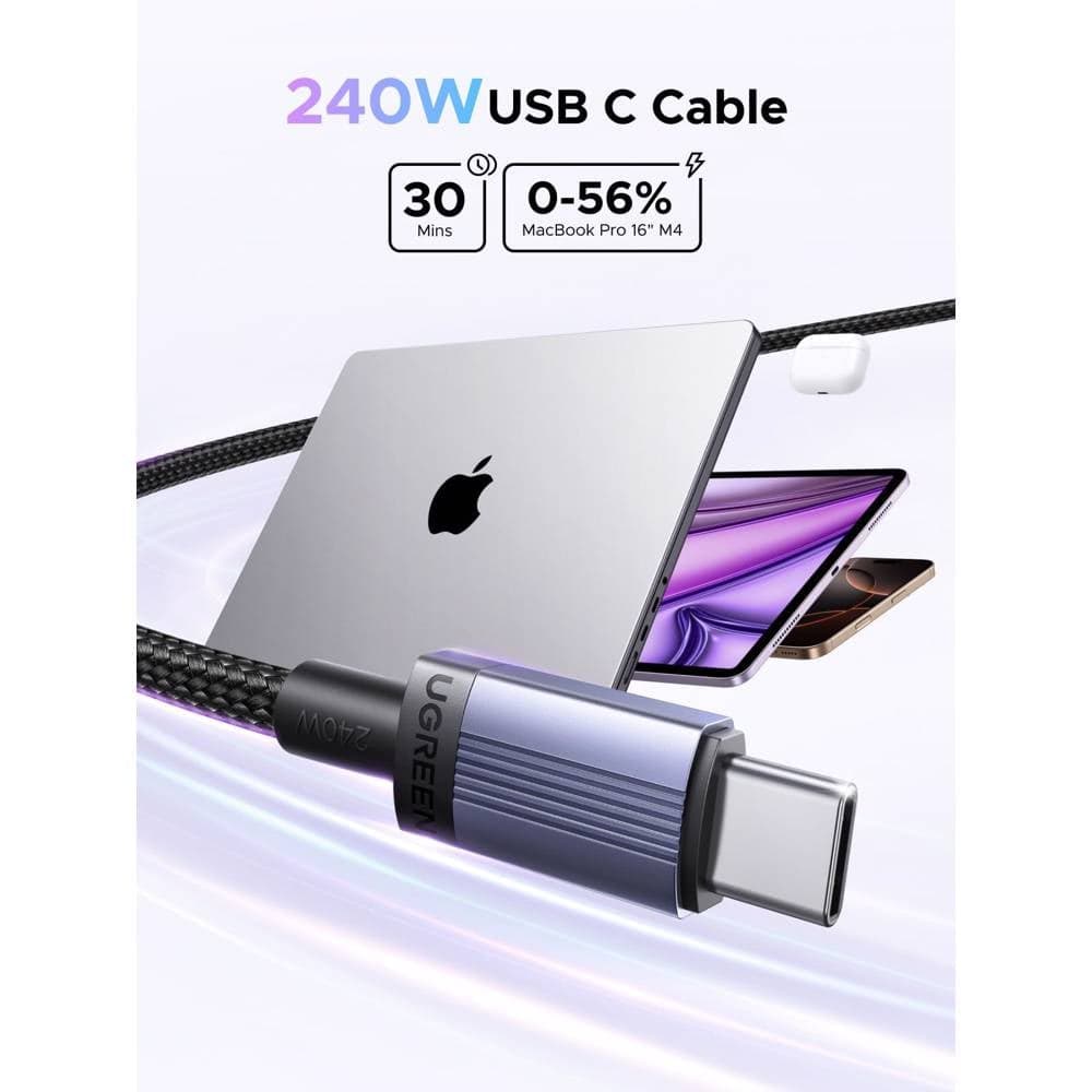USB კაბელი UGREEN L532 (65907), 240W, Type-C to Type-C PD Fast Charging Cable, 1m, Space Gray