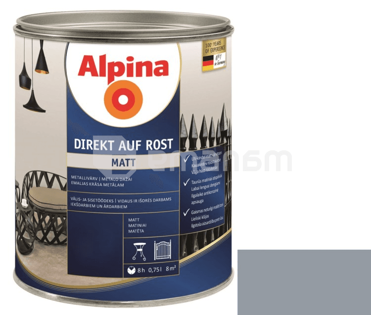 ემალი ანტიკოროზიული Alpina Direkt Auf Rost Matt მოვერცხლისფრო ნაცრისფერი 0.75 ლ