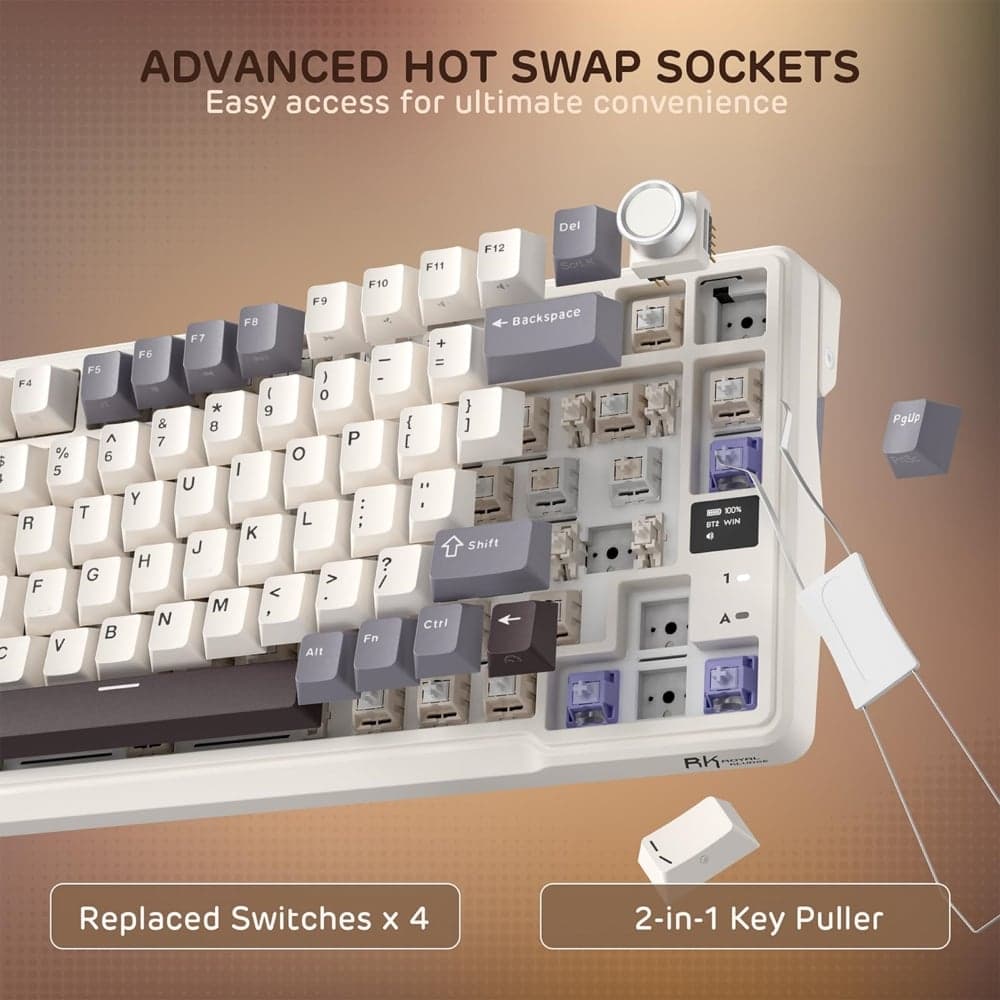 კლავიატურა Royal Kludge RK L98 RGB Mechanical Keyboard, Cream Switch, Hot Swappable, Wireless, Type-C, Bluetooth, 2.4GHz, Sandalwood Brown