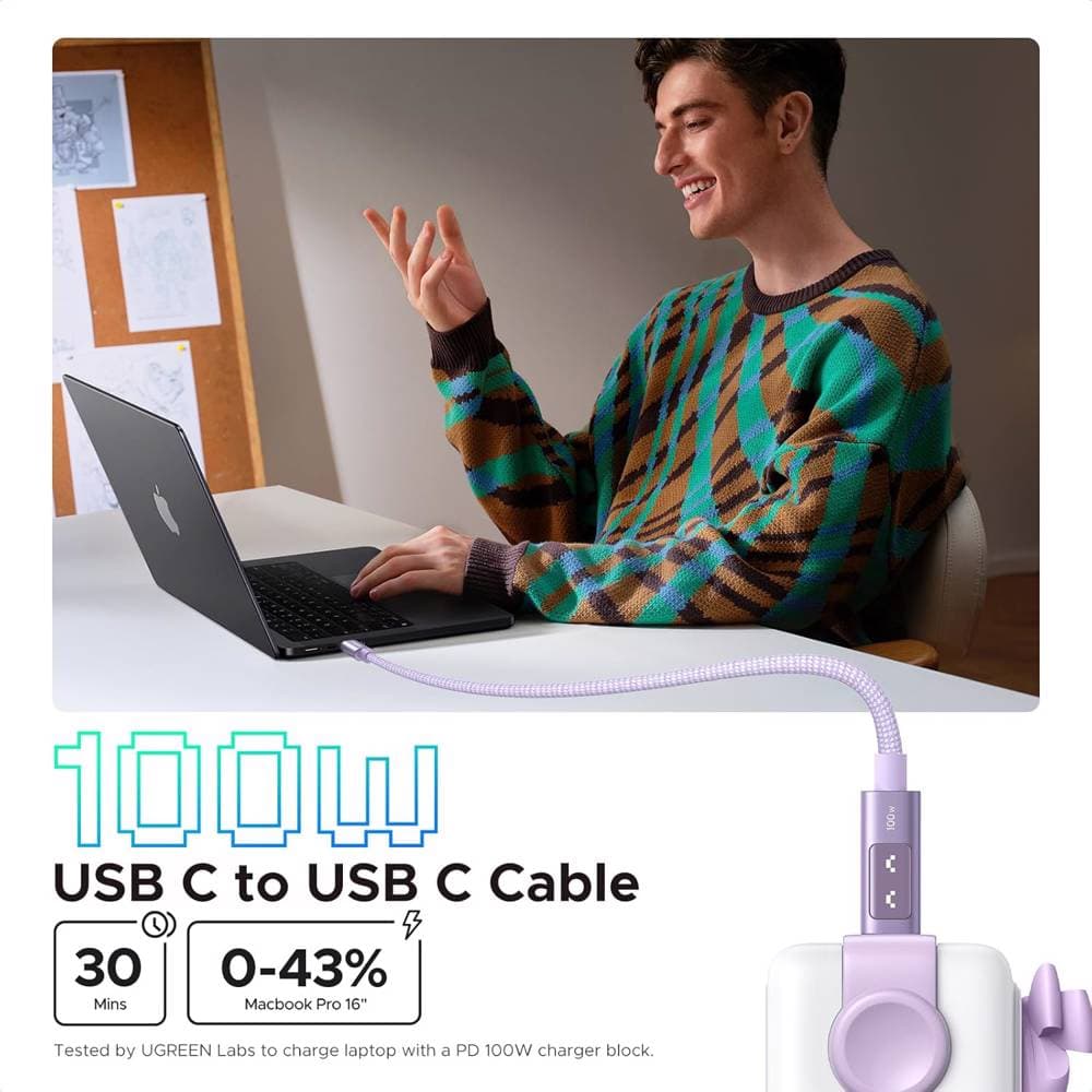 USB კაბელი UGREEN Uno L509 (65092), 100W, Type-C to Type-C Fast Charging Cable, 1M, Purple