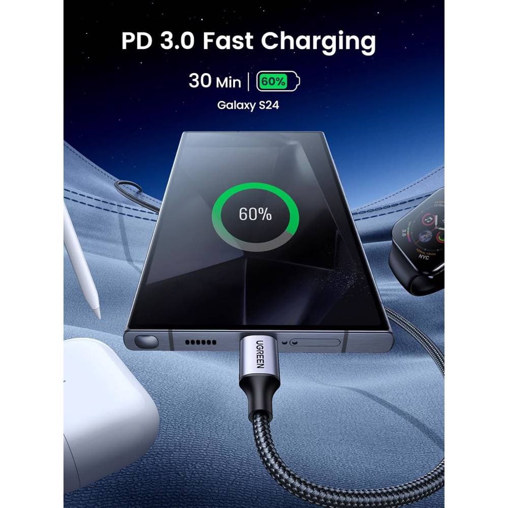 USB კაბელი UGREEN US261 (50150), 60W, Type-C To Type-C PD Fast Charging Cable 3A Max, 1M, Grey