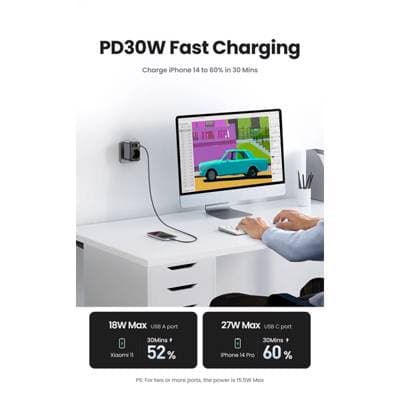 ადაპტერი UGREEN CD314 (90613) Nexode, 30W, 1 Socket, USB-A, Type-C, Gray