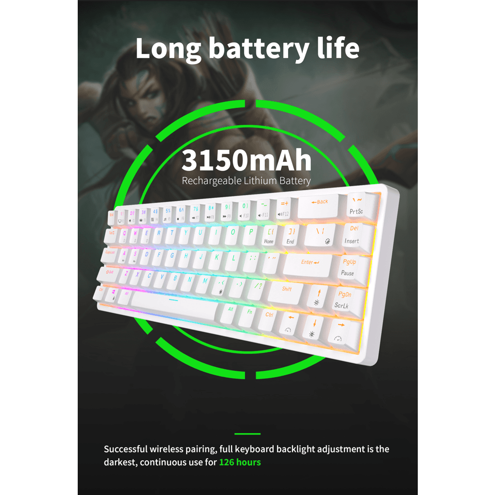 კლავიატურა Royal Kludge RK G68 RGB Mechanical Keyboard, Red switch, Hot Swappable, Wireless, USB Type-C, 2.4 GHz, Bluetooth, White