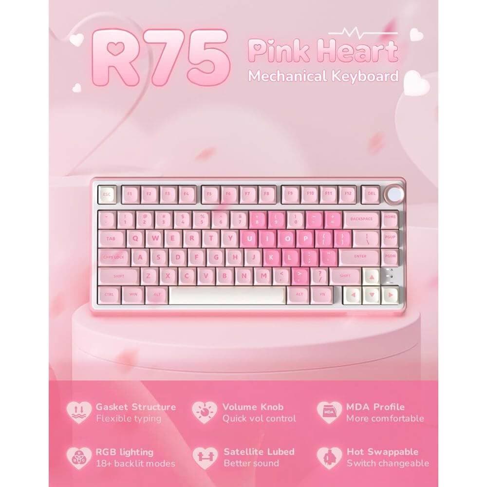 კლავიატურა Royal Kludge RKR75-PM-XW RGB Mechanical Keyboard, Beige Switch, Hot Swappable, Wired, USB, Pink Melody