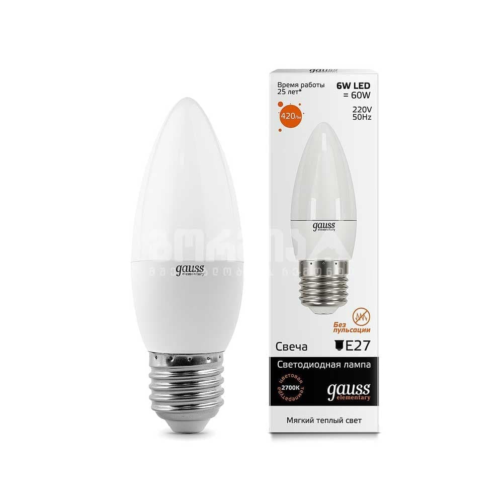 ლედ ნათურა Candle 6W E27 2700K gauss el - 33216