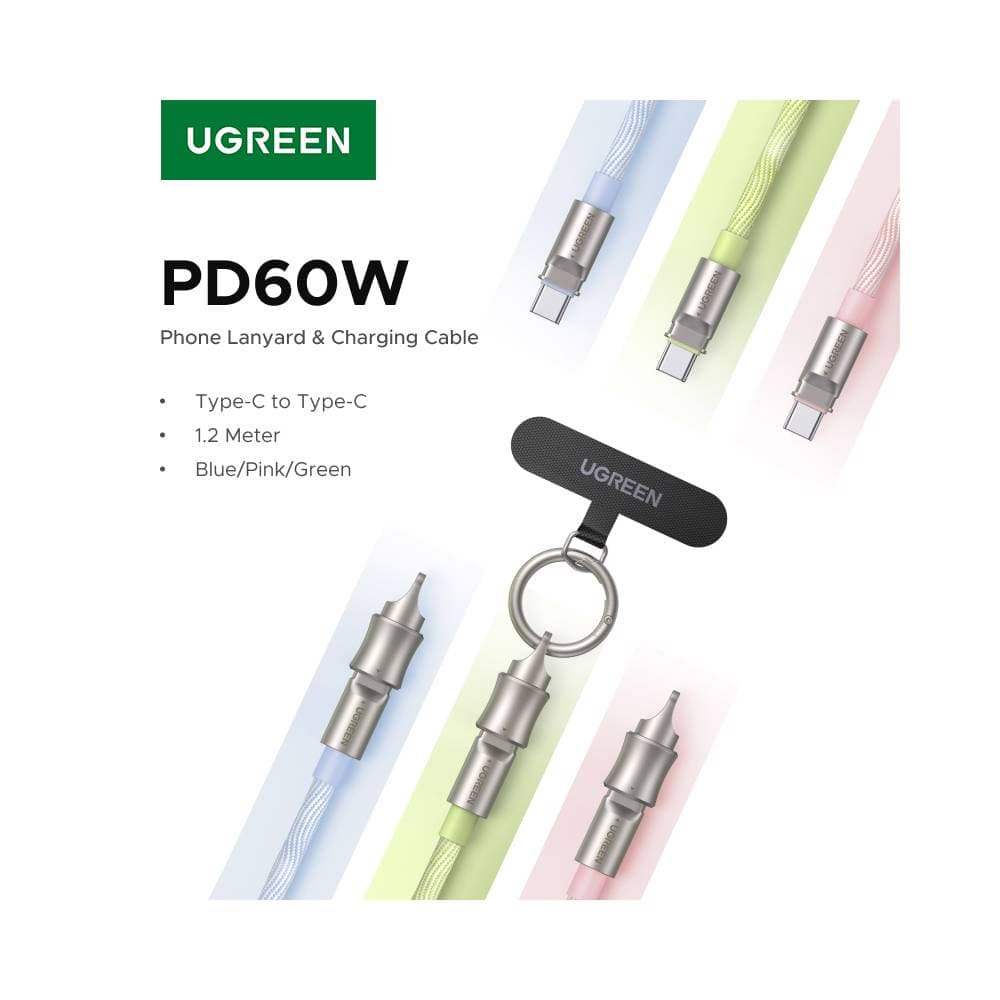 USB კაბელი UGREEN L508 (35500), 60W, Type-C To Type-C PD Fast Charging Lanyard Cable, 1.2m, Green