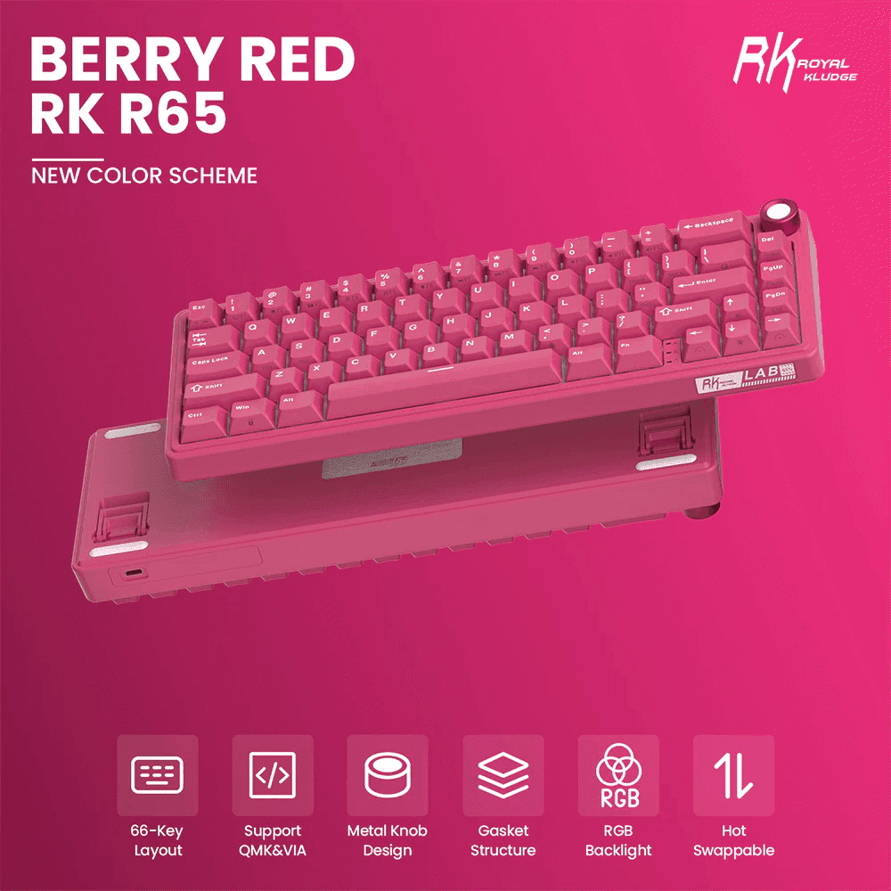 კლავიატურა Royal Kludge RKR65-BR-XH RGB Mechanical Keyboard, Cream Switch, Hot Swappable, Wired, USB, Berry Red