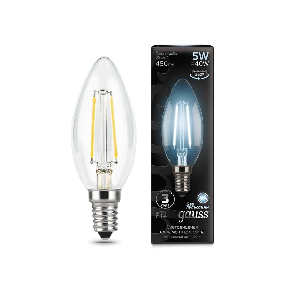 LED  ნათურა Filament Candle E14 5W 4100K - 10380 Gauss Black