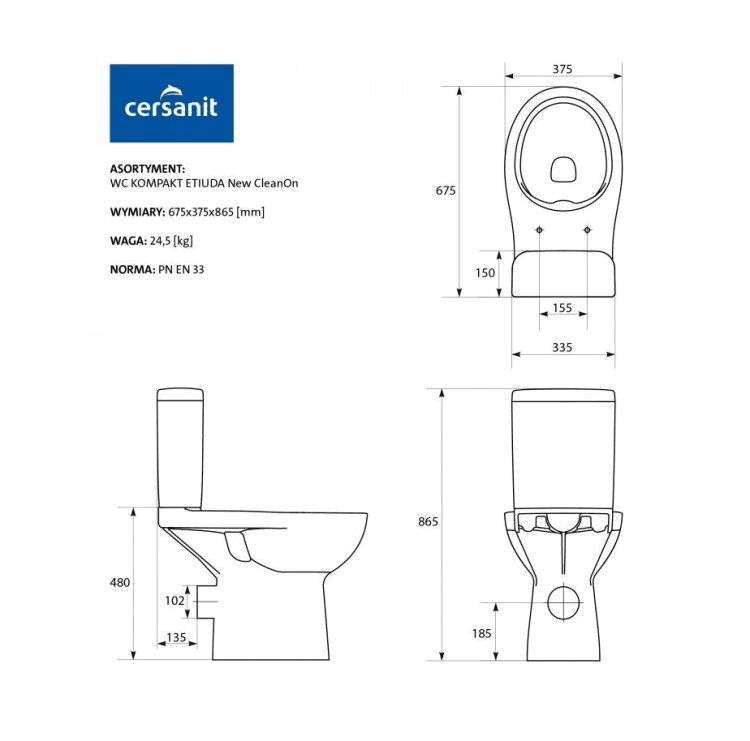 უნიტაზი კომპაქტი Cersanit ETIUDA Clean on P-KO-ETI010-3/6-Con