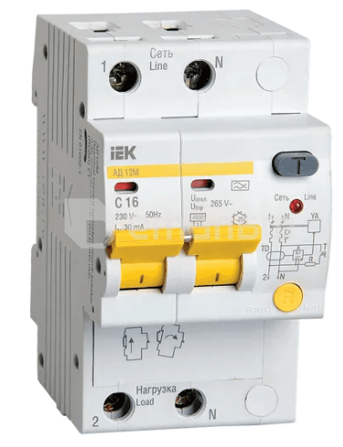 დიფერენციალური ავტომატი AD12M 2R C16 30mA IEK