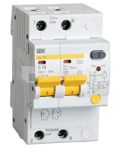 დიფერენციალური ავტომატი AD12M 2R C16 30mA IEK