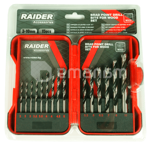 ნაკრები ბურღების ხისთვის Raider 157791 3-10 მმ 15 ც