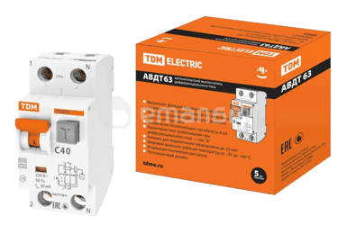 დიფერენციალური ავტოამომრთველი TDM 2Р(1Р+N) C40 40A 30mA