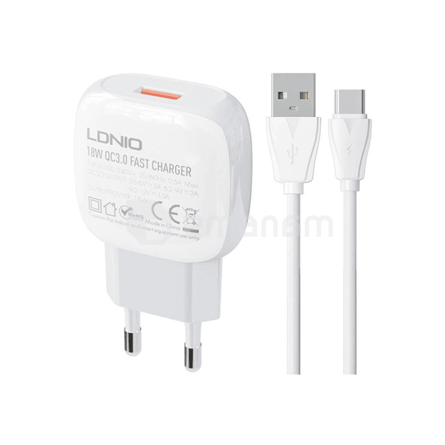 დამტენი LDNIO A1306Q 18W USB to Type-C კაბელი
