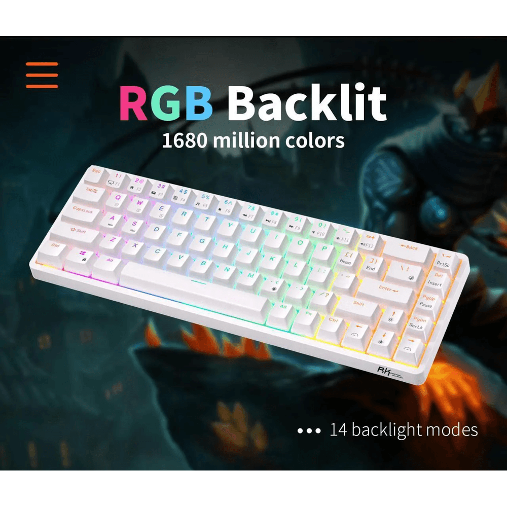 კლავიატურა Royal Kludge RK G68 RGB Mechanical Keyboard, Red switch, Hot Swappable, Wireless, USB Type-C, 2.4 GHz, Bluetooth, White