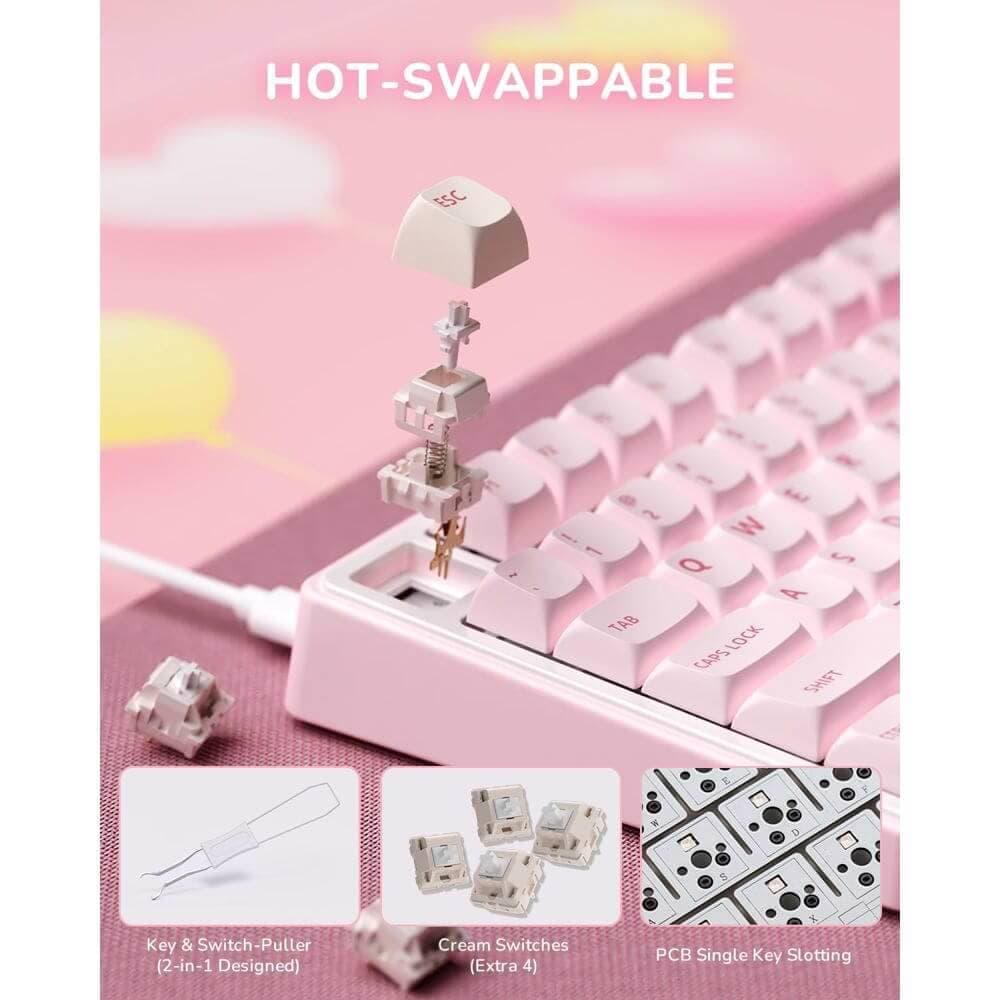 კლავიატურა Royal Kludge RKR75-PM-XH RGB Mechanical Keyboard, Cream Switch, Hot Swappable, Wired, USB, Pink Melody