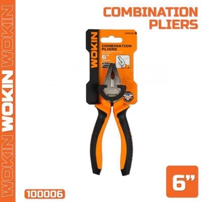 ბრტყელტუჩა რეზინის სახელურით Wokin 100006, 160MM, 6", Combination Pliers, Black/Orange