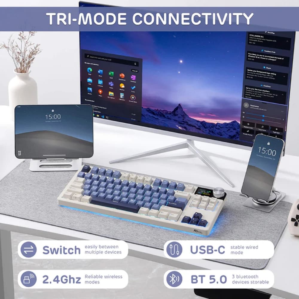 კლავიატურა Royal Kludge RK S85 RGB Mechanical Keyboard, Cloud switch, Hot Swappable, Wireless, Type-C, Bluetooth, 2.4GHz, Horizon Blue