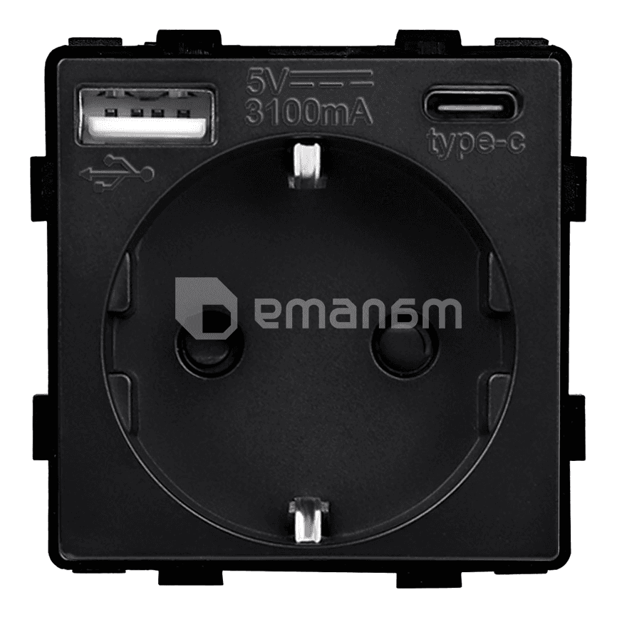 როზეტი ჩარჩოს გარეშე Socket Style 16A დამიწებით და შტორებით USB A C 3.1A 20W შავი