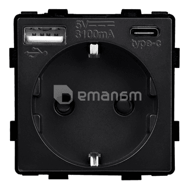 როზეტი ჩარჩოს გარეშე Socket Style 16A დამიწებით და შტორებით USB A C 3.1A 20W შავი