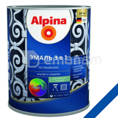 გრუნტი-ემალი ჟანგ. 3-1-ში, ფერი:Alpina ლურჯი RAL 5005 0,75L