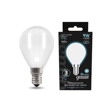 ნათურა ბურთი 9W 4100K E14 1/10/50  Gauss Fillament