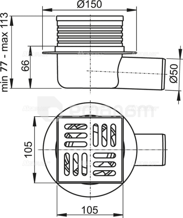 ტრაპი Alcadrain APV26 105x105/50 მმ