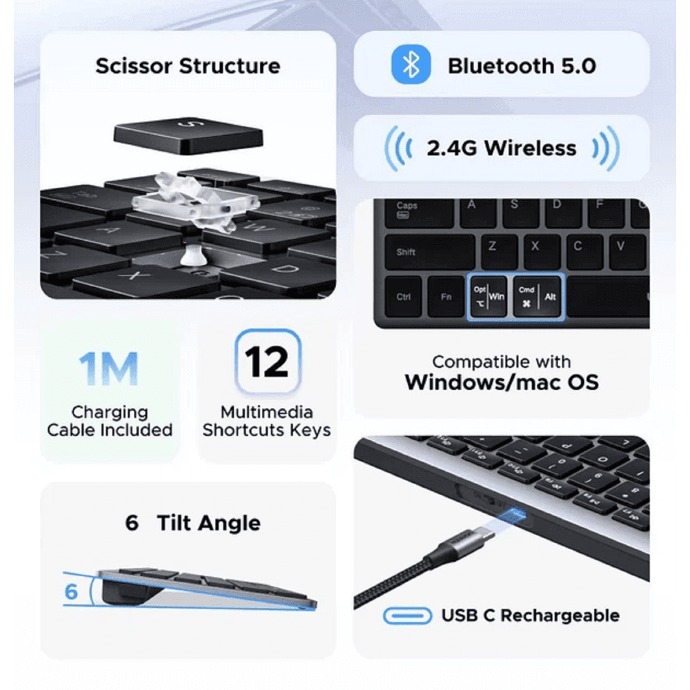 კლავიატურა UGREEN K552 (75163), Wireless, Bluetooth, USB, Keyboard, Grey