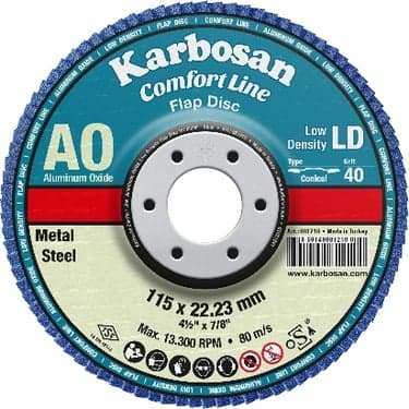 125 mm რკინის მოსახეხი დისკი AXER11 LD CONIC FLAP DISC 60 GRIT ალუმინის ოქსიდი 10ც/ყ KARBOSAN
