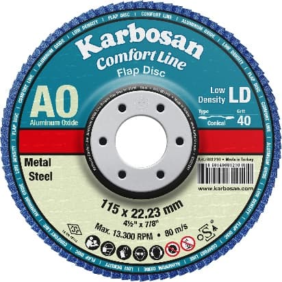 125 mm რკინის მოსახეხი დისკი AXER11 LD CONIC FLAP DISC 60 GRIT ალუმინის ოქსიდი 10ც/ყ KARBOSAN