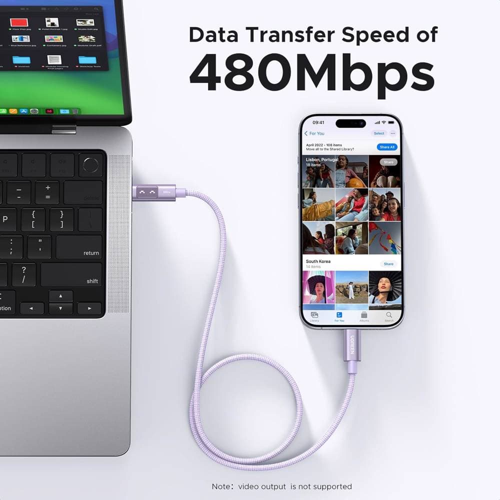 USB კაბელი UGREEN Uno L509 (65092), 100W, Type-C to Type-C Fast Charging Cable, 1M, Purple