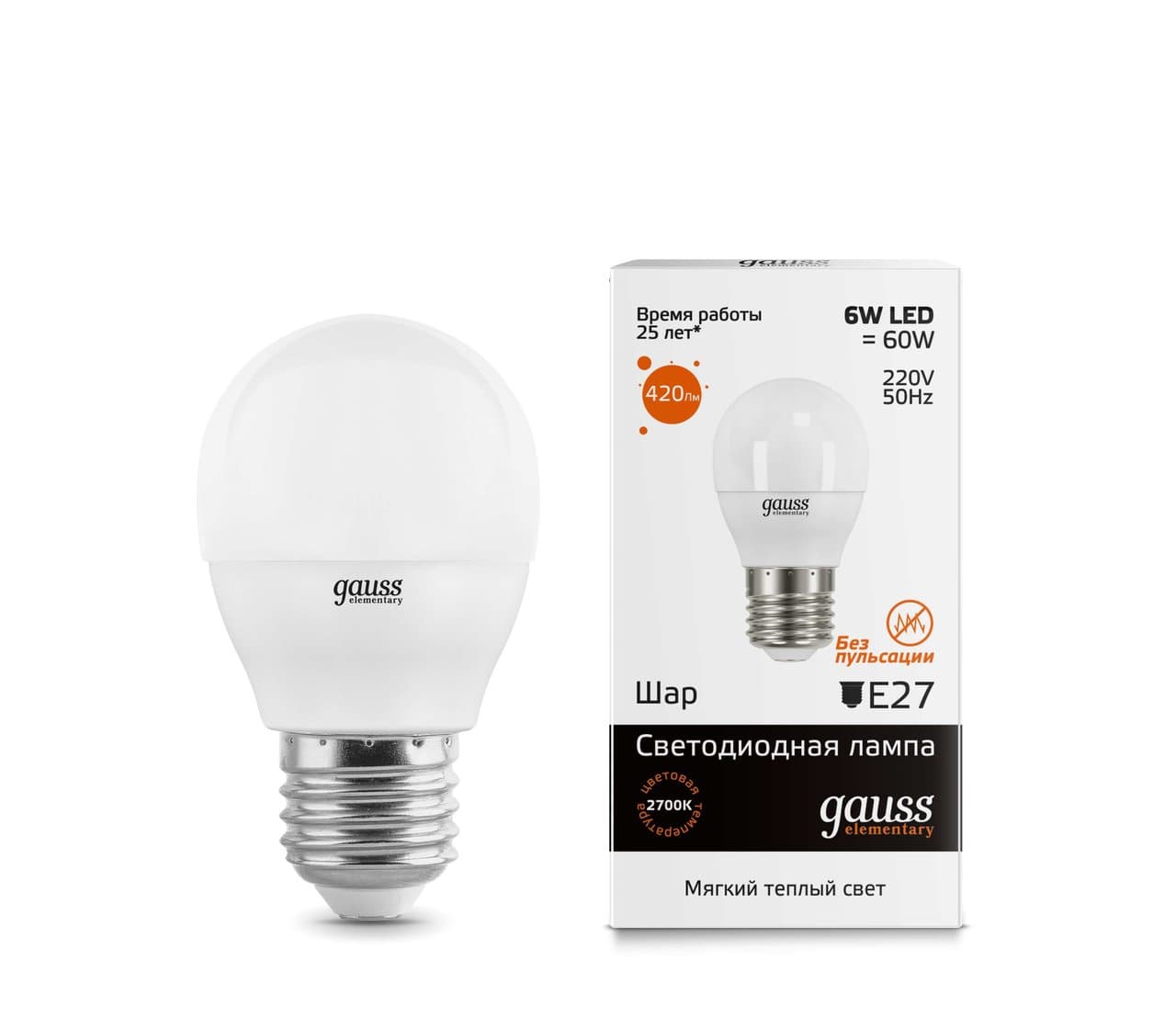 ლედ ნათურა Globe 6W E27 2700K gauss el - 53216