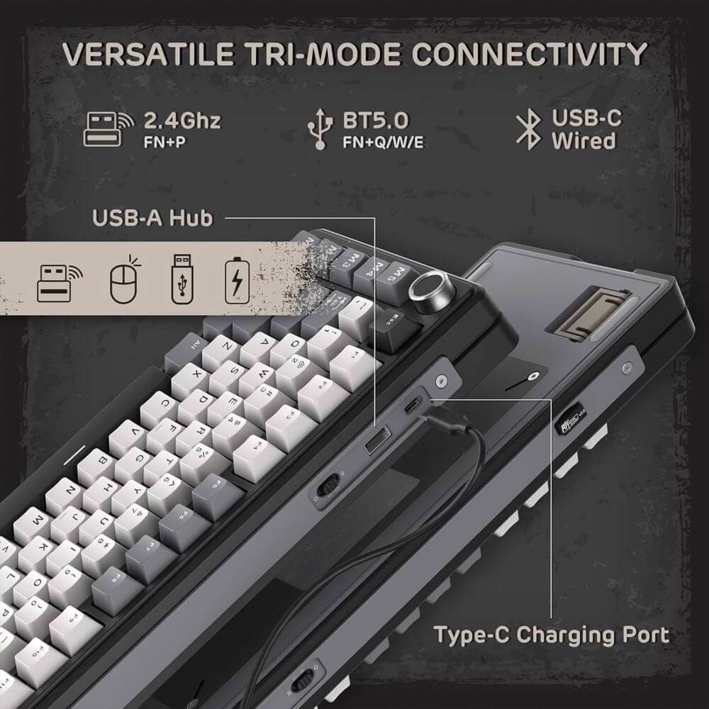 კლავიატურა Royal Kludge RKL75-KB-XW RGB Mechanical Keyboard, Beige Switch, Hot Swappable, Wireless, Type-C, Bluetooth, 2.4GHz, Knight Black