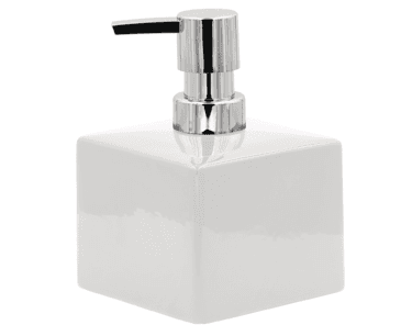 2135501 თხევადი საპნის კონტეინერი Storage dispenser Cube, white, pump colour: chrome, ceramics / ABS