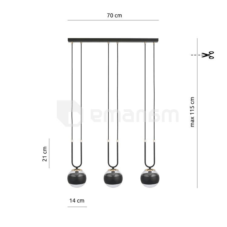 საკიდი EMIBIG GLAM 3 E14 3x MAX 40W BLACK STRIPE
