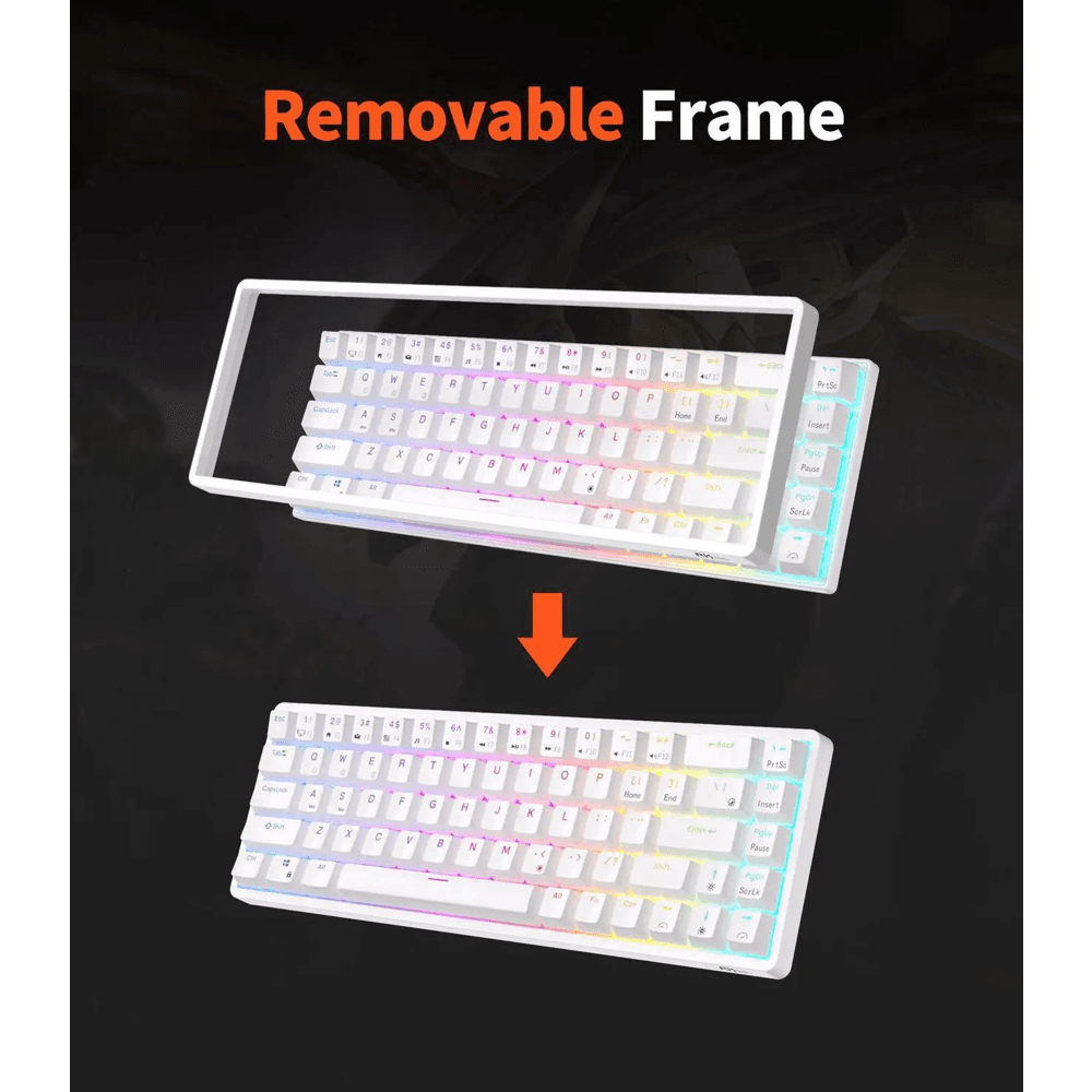 კლავიატურა Royal Kludge RK G68 RGB Mechanical Keyboard, Red switch, Hot Swappable, Wireless, USB Type-C, 2.4 GHz, Bluetooth, White