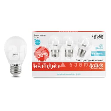 ლედ ნათურა Globe 7W E27 4100K კომპლექტი 3ც el - 53227T gauss