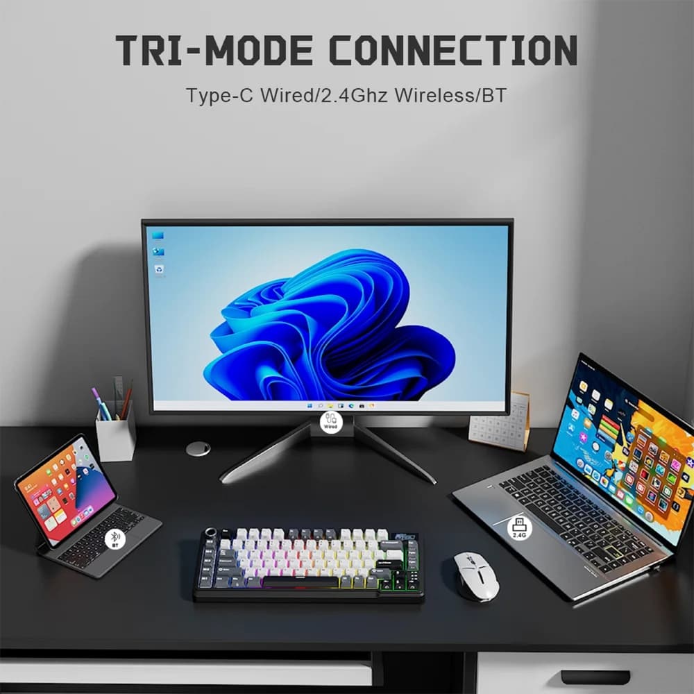 კლავიატურა Royal Kludge RK L75 RGB Mechanical Keyboard, Cream Switch, Hot Swappable, Wireless, Type-C, Bluetooth, 2.4GHz, Knight Black