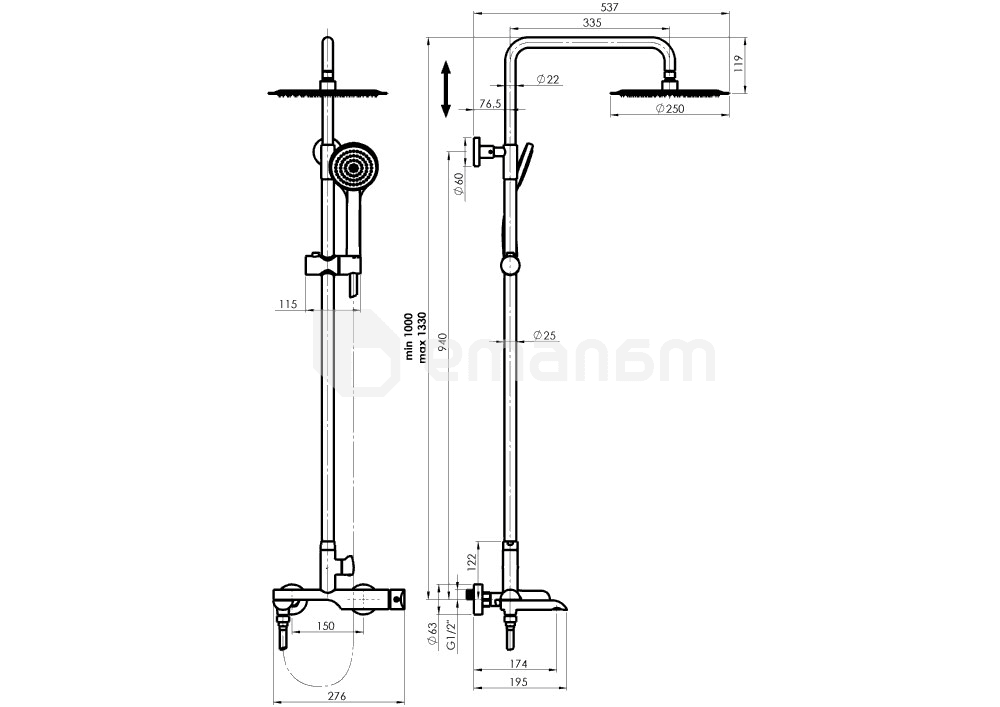 საშხაპე სისტემა Rubineta Olo BK Ultra-10 SW DV3/4 BK 625123
