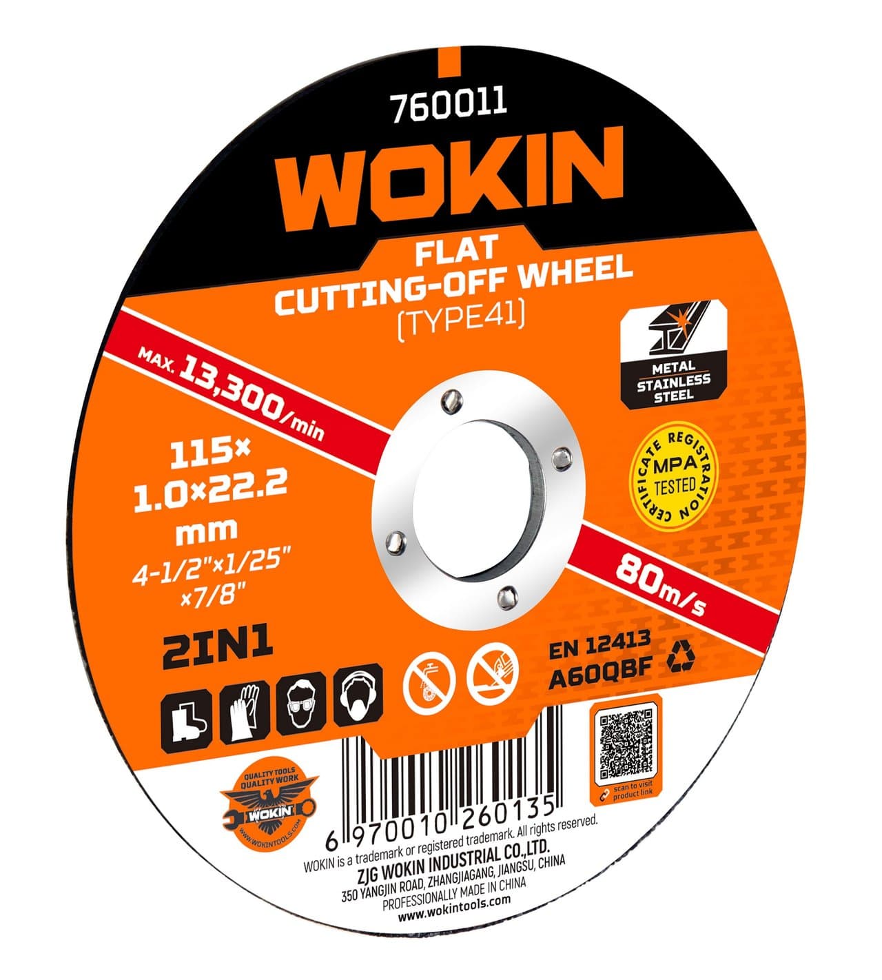 მეტალის საჭრელი დისკი Wokin 760111, 115x1.2x22.2mm, Flat Cutting-Off Wheel (TYPE41), Orange