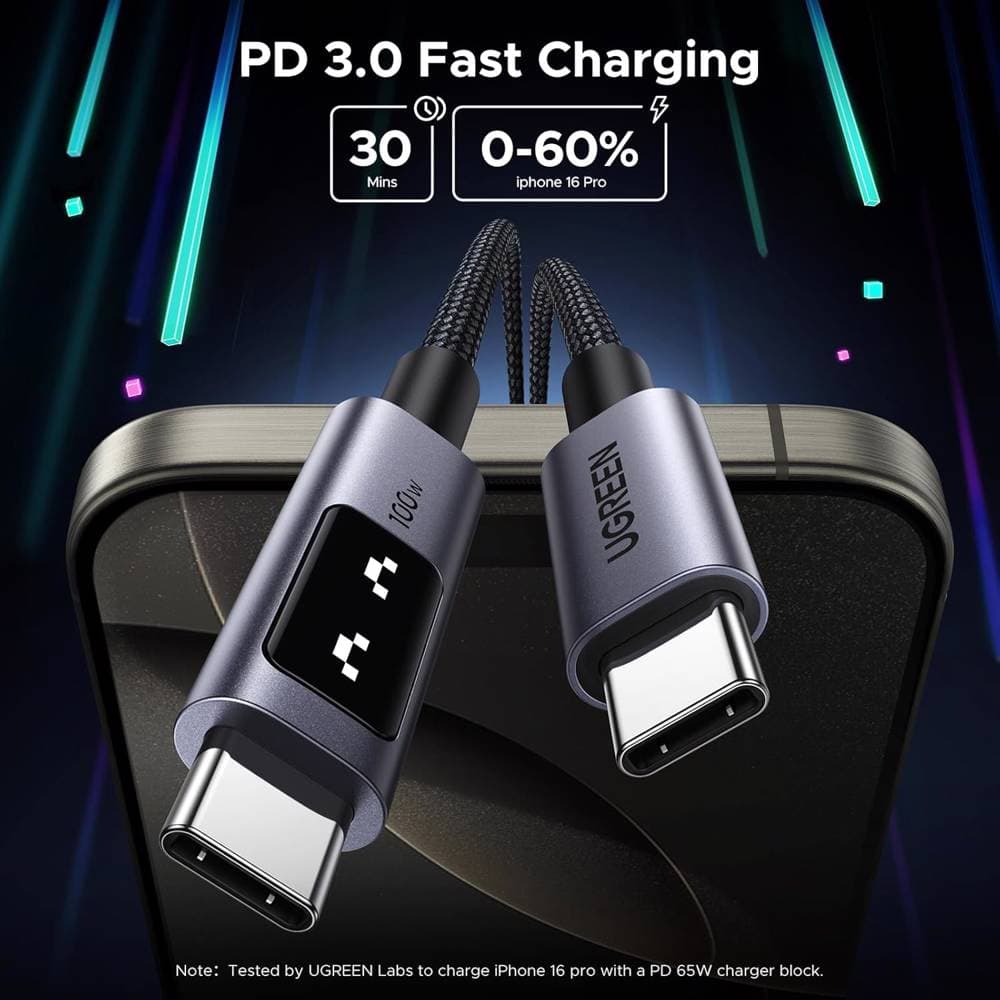 USB კაბელი UGREEN Uno L509 (35501), 100W, Type-C to Type-C, 1M, Black/Grey 